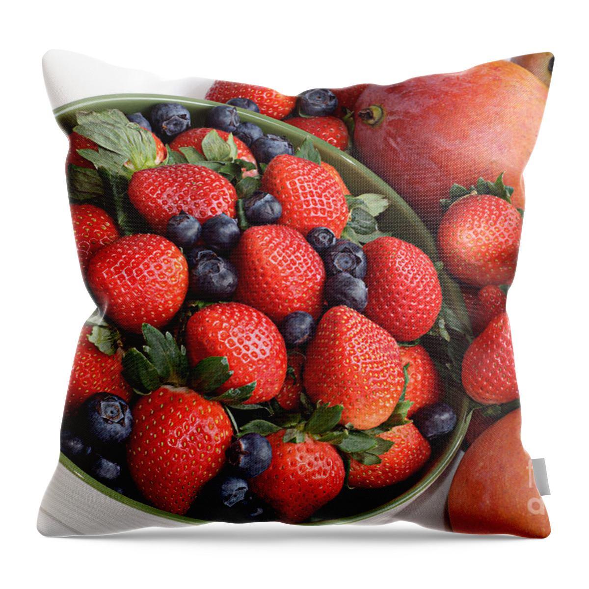 Fruit Throw Pillow featuring the photograph Strawberries Blueberries Mangoes And A Banana - Fruit Tray by Andee Design