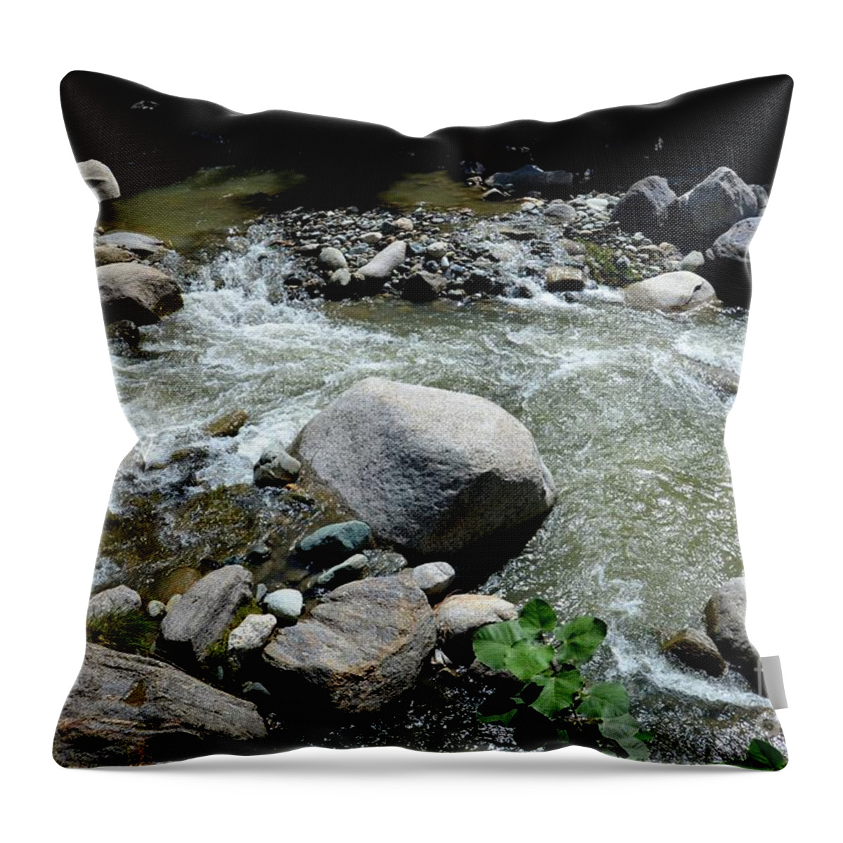 Blue Throw Pillow featuring the photograph Stream water foams and rushes past boulders by Imran Ahmed