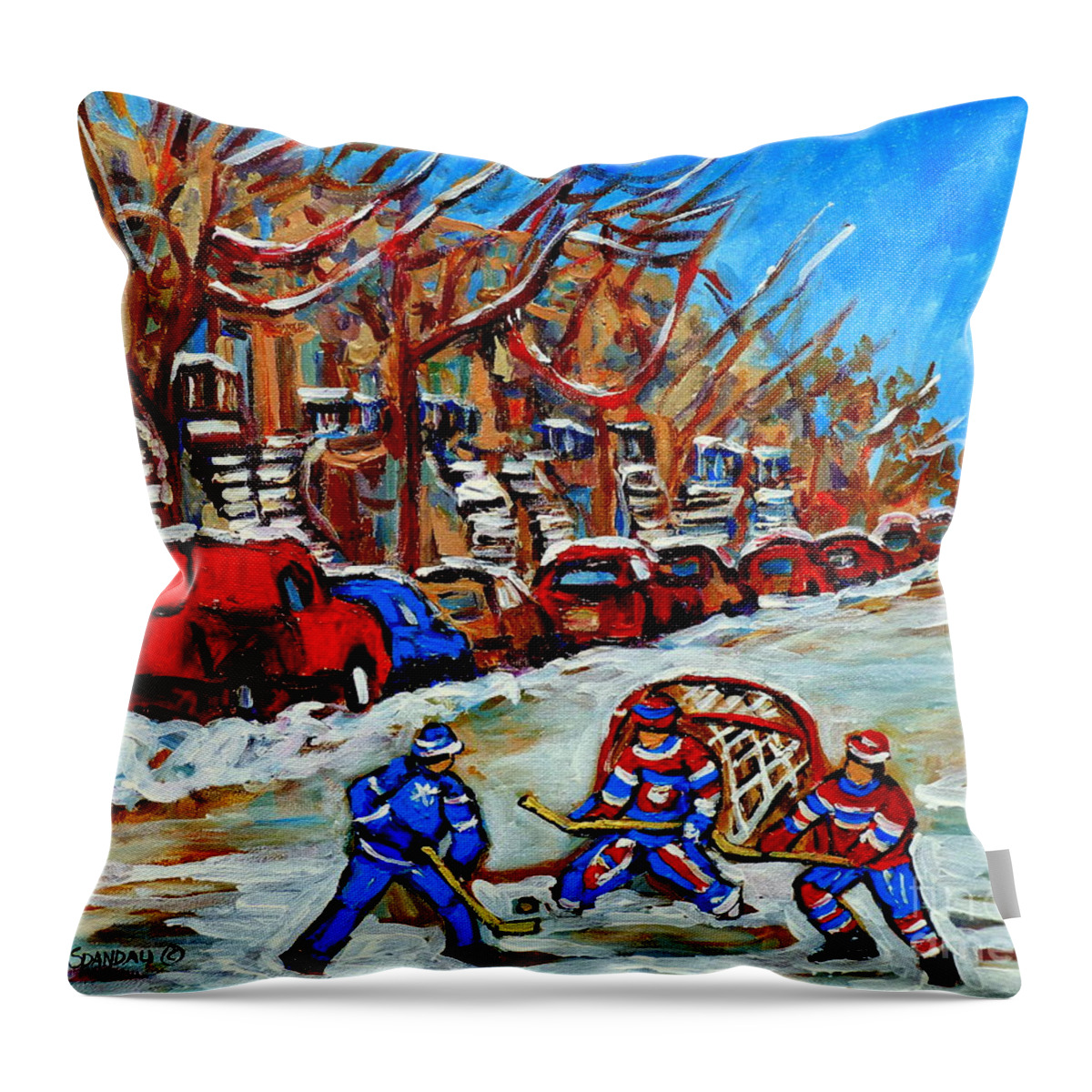 Montreal Throw Pillow featuring the painting Street Hockey Row Houses Goalie Makes The Save Verdun Montreal Hockey Art Carole Spandau by Carole Spandau