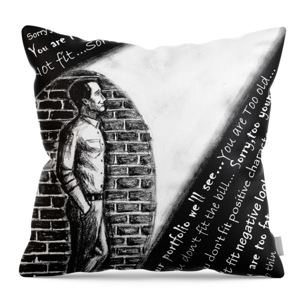 Wallpaper Buy Art Print Phone Case T-shirt Beautiful Duvet Case Pillow Tote Bags Shower Curtain Greeting Cards Mobile Phone Apple Android Struggling Actor Bollywood Hollywood Charcoal Facing Rejection Thoughtful Hope Ray Of Light Optimism Optimistic Salman Ravish Black White Throw Pillow featuring the drawing Struggling Actor by Salman Ravish