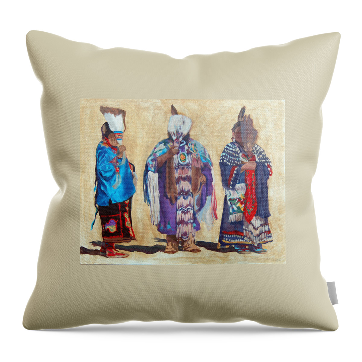 Native American Throw Pillow featuring the painting Study for The Three Sentinels by Christine Lytwynczuk