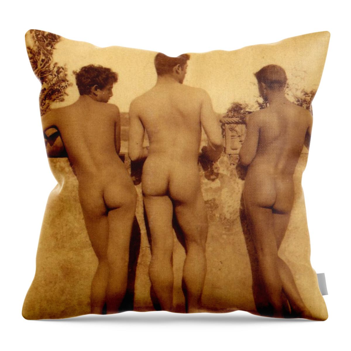 Gloeden Throw Pillow featuring the photograph Study of Three Male Nudes by Wilhelm von Gloeden