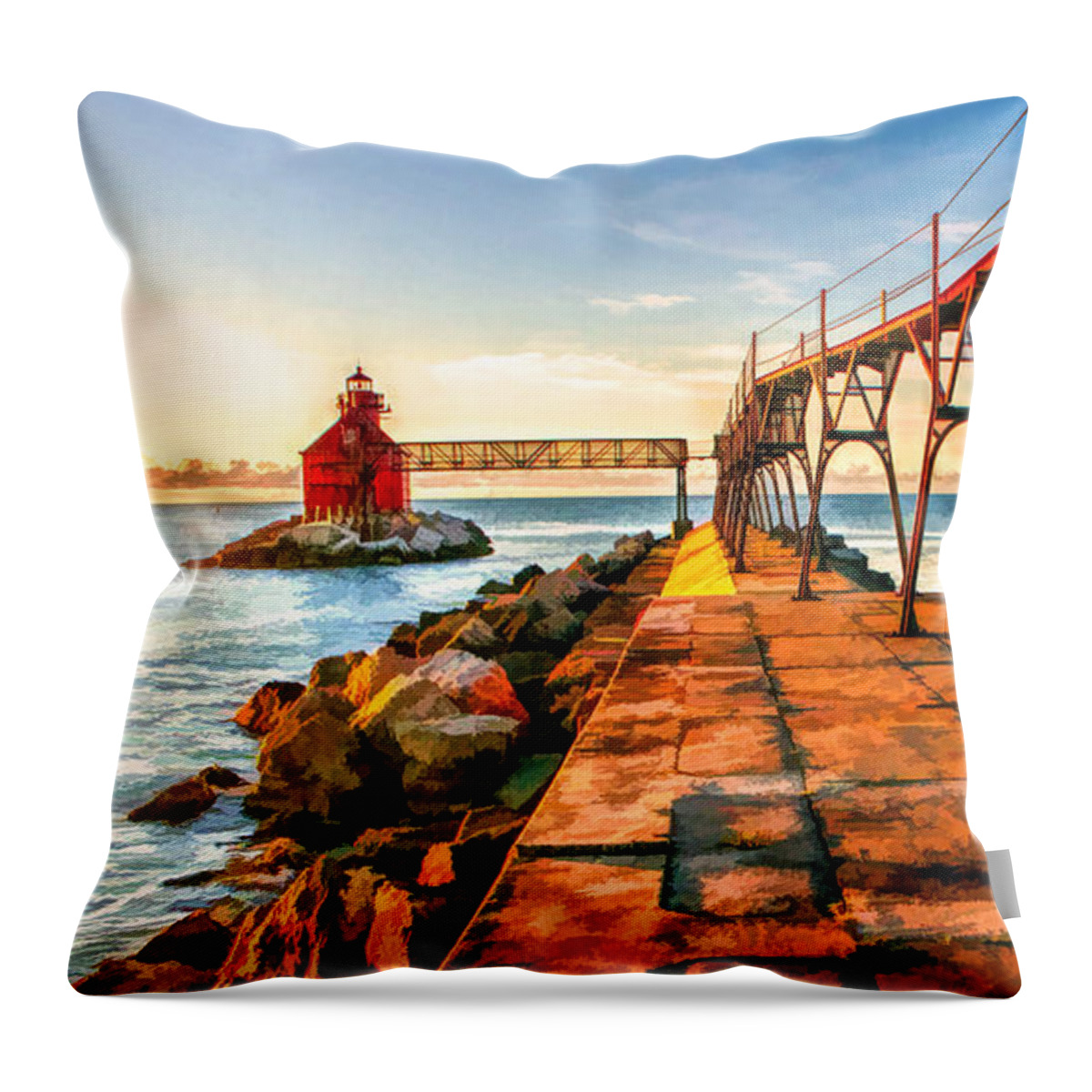 Door County Throw Pillow featuring the painting Sturgeon Bay Canal Pierhead Light by Christopher Arndt
