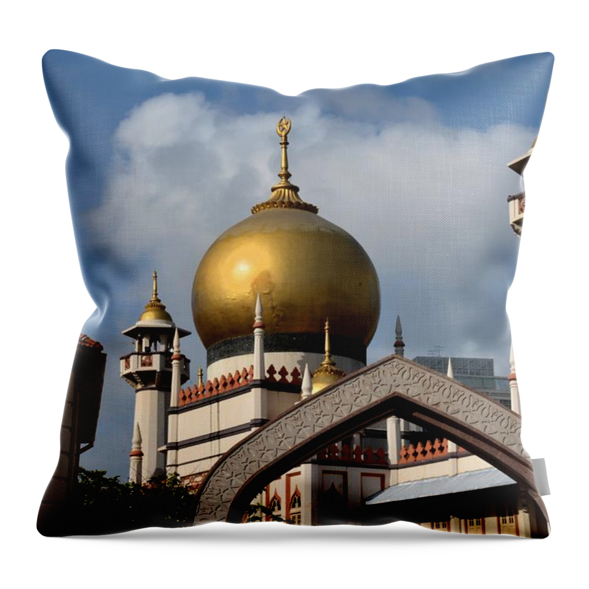 Singapore Throw Pillow featuring the photograph Sultan mosque and Omani arch Singapore by Imran Ahmed