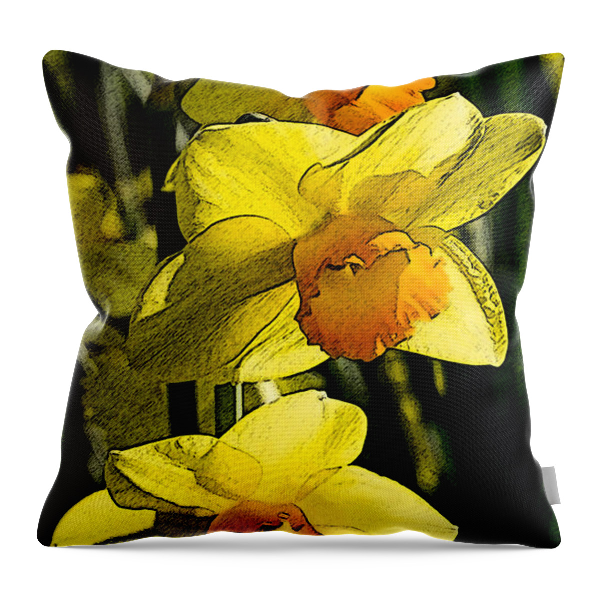 Narcissus Throw Pillow featuring the digital art Sumi-e in yellow by Elena Perelman