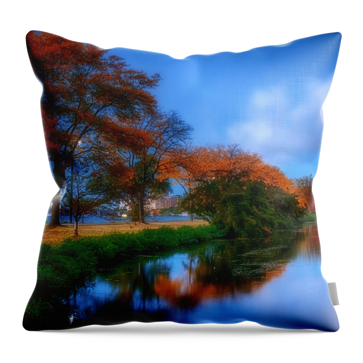 Autumn Throw Pillow featuring the photograph Summer and Fall darken the Lagoon by Sylvia J Zarco