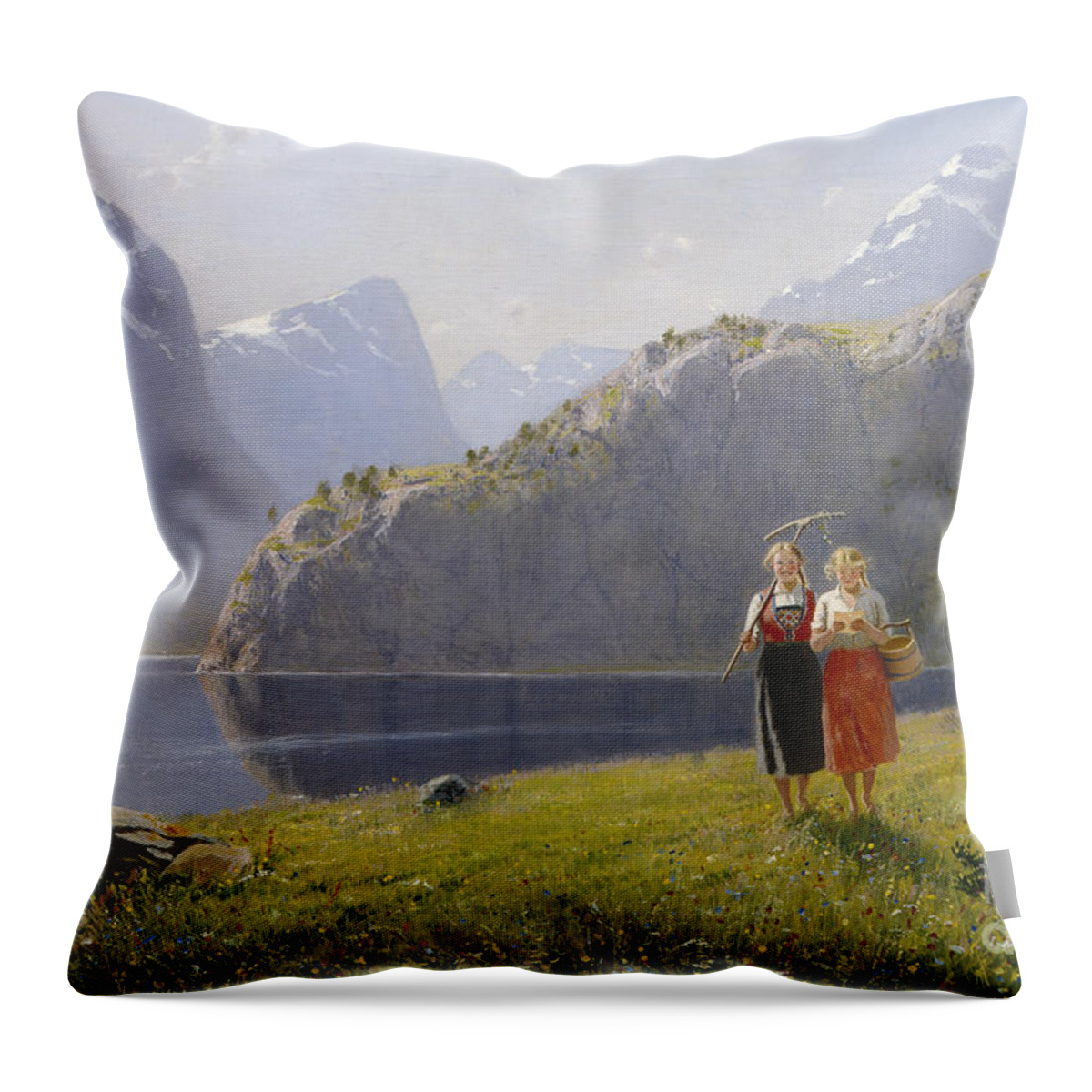 Hans Dahl Throw Pillow featuring the painting Summer day at Balestrand by Hans Dahl