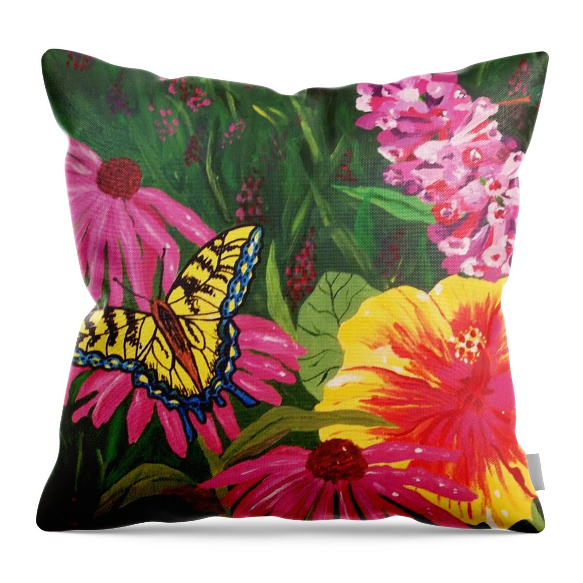Butterfly Garden Throw Pillow featuring the painting Summer Garden by Ellen Levinson