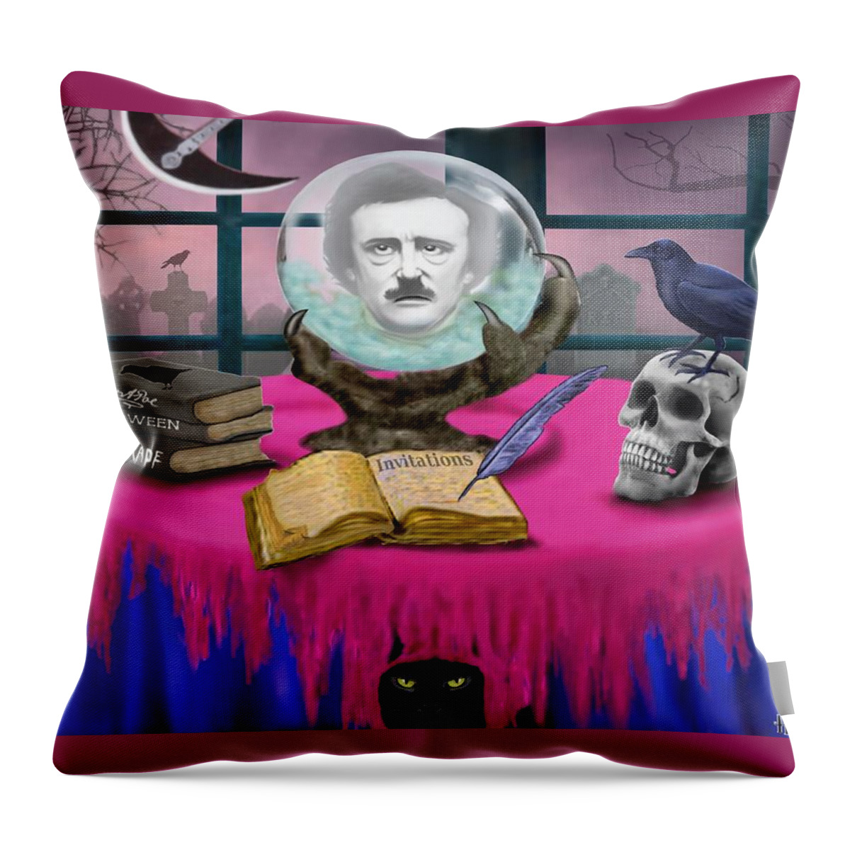 Edgar Allan Poe Art Throw Pillow featuring the digital art Summoning Edgar Allan Poe by Glenn Holbrook