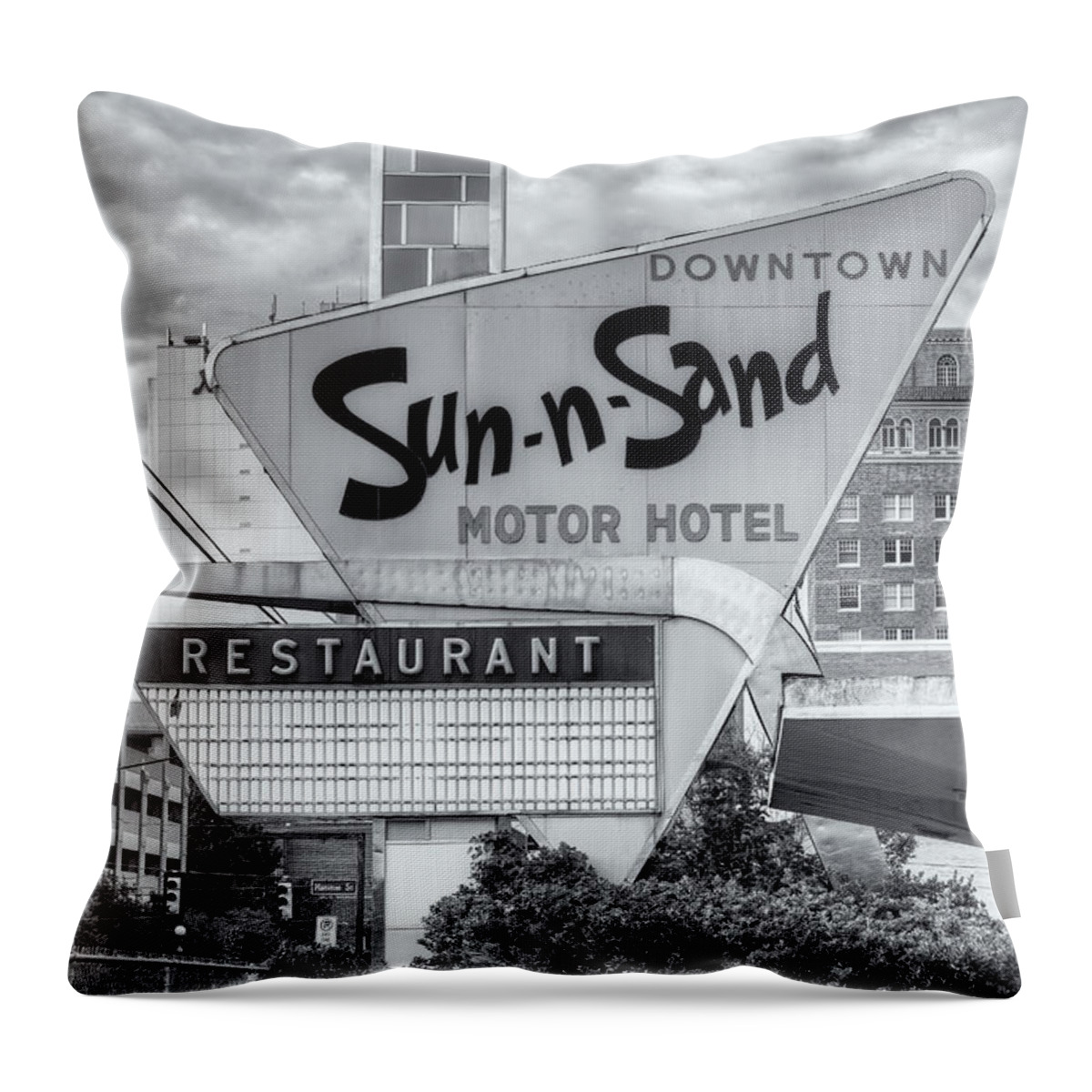 Clarence Holmes Throw Pillow featuring the photograph Sun-n-Sand Motor Hotel II by Clarence Holmes