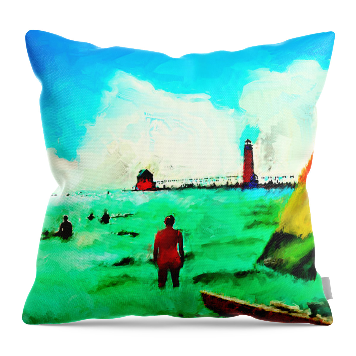 Grandhaven Art Painting Throw Pillow featuring the painting Sunday At Grand Haven by Ted Azriel