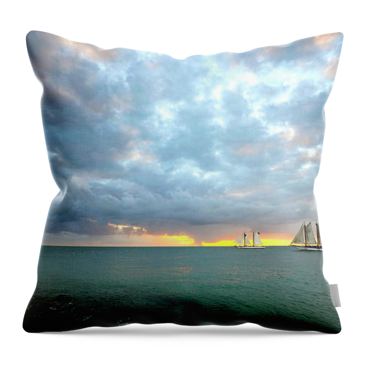 Water's Edge Throw Pillow featuring the photograph Sundown Schooners In Key West by Mikecherim