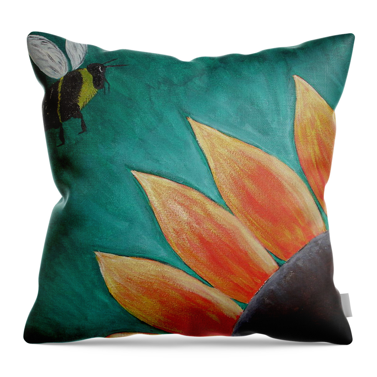 Sunflower Throw Pillow featuring the painting Sunflower and Bumblebee by Angie Butler