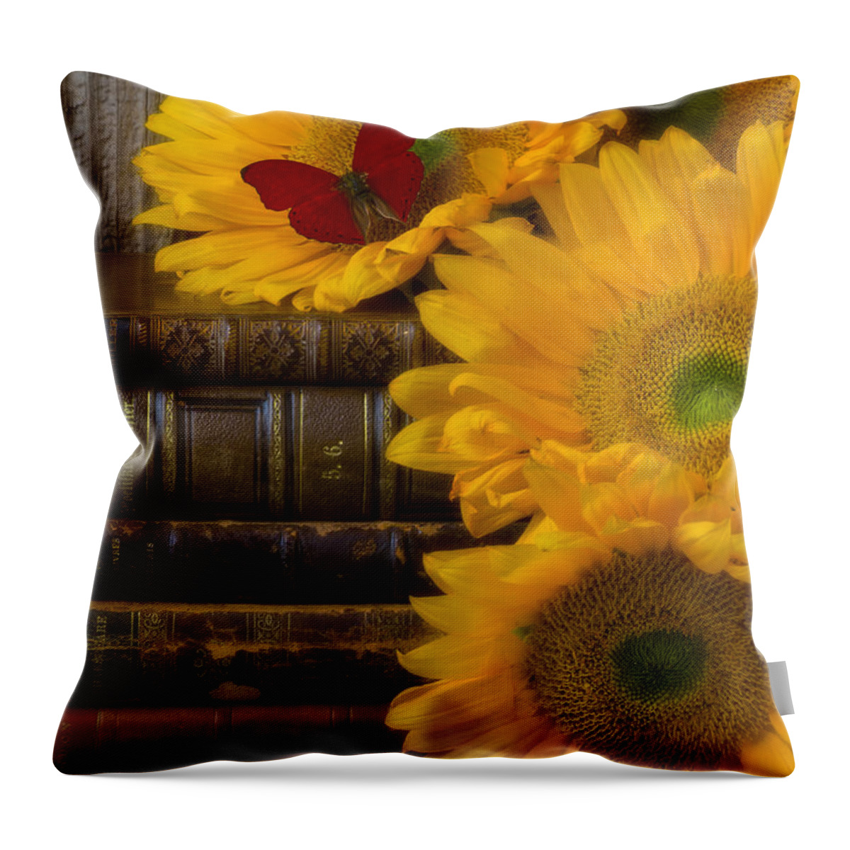 Sunflowers Throw Pillow featuring the photograph Sunflowers and old books by Garry Gay