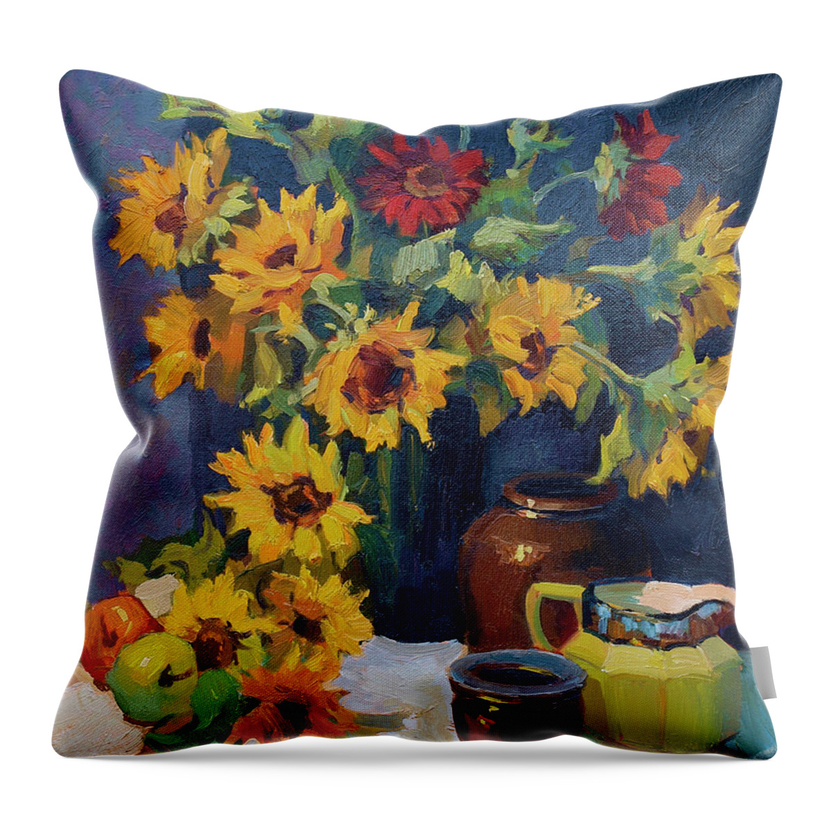 Sunflowers Throw Pillow featuring the painting Sunflowers and Yellow Pitcher by Diane McClary