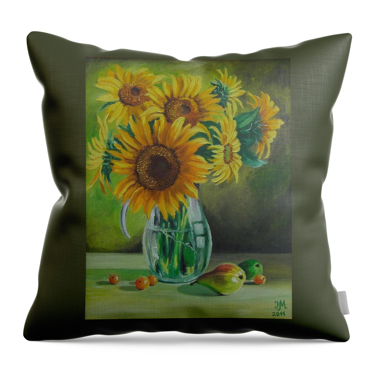 Sunflowers Throw Pillow featuring the painting Sunflowers in glass jug by Nina Mitkova