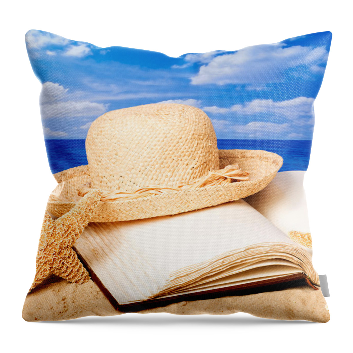 Straw Throw Pillow featuring the photograph Sunhat In Sand by Amanda Elwell