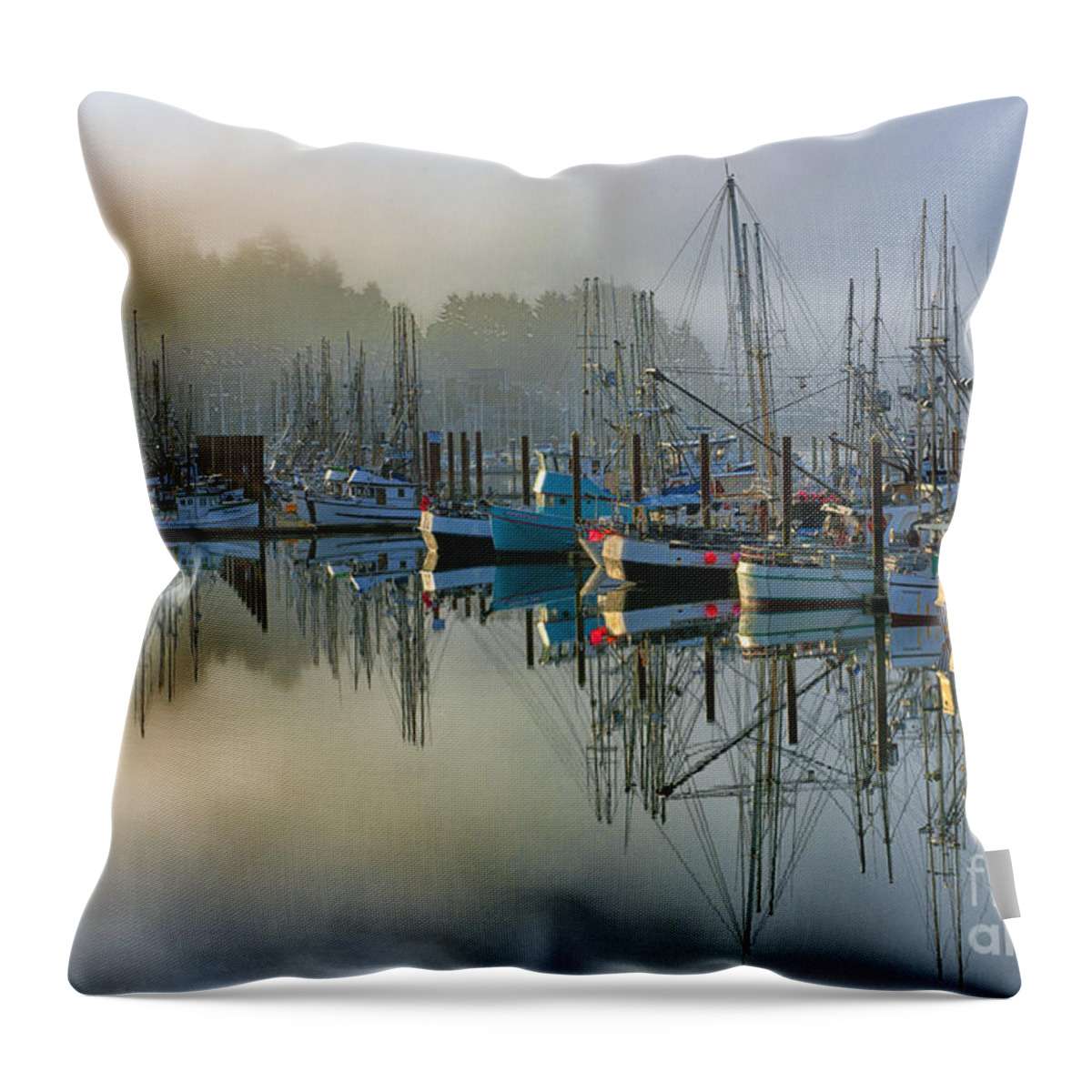 Harbor;sunrise;boats;fog;mist;clouds;reflection;reflections;harbors;newport;oregon;pacific;northwest;scenic;scenics;fishing;waterscape;waterscapes;sandra Bronstein;mirror;colorful;horizontal;morning;moody;fine;art;photography;canvas;prints;posters;greeting;cards;notecards;iconic;tourism;travel;port;seaport;acrylic;photographs; Throw Pillow featuring the photograph Sunrise At Newport Harbor by Sandra Bronstein