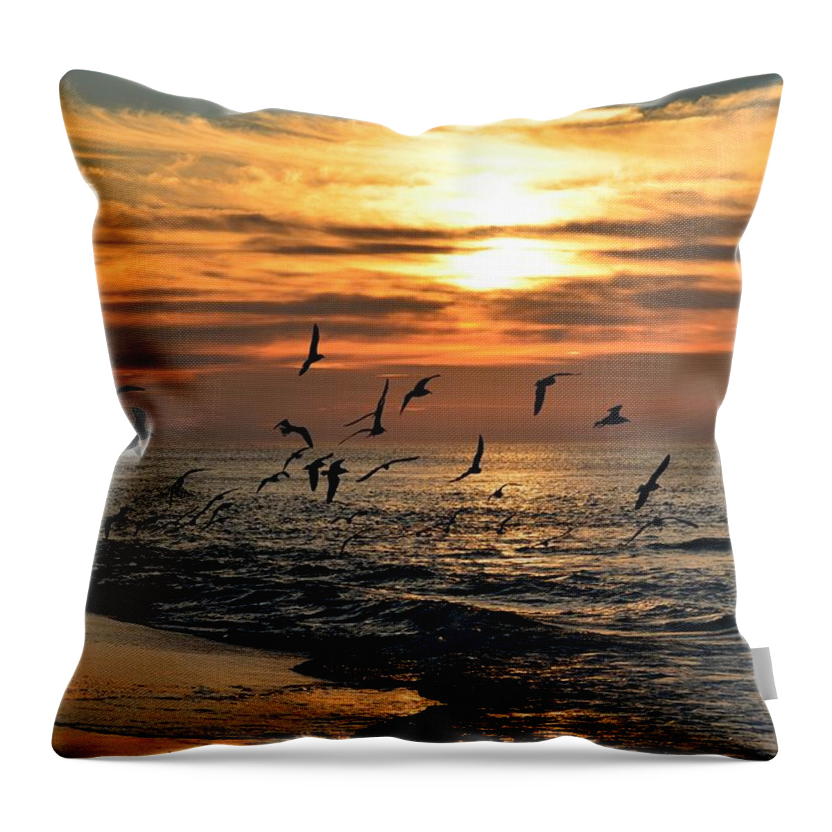 Sunrise Throw Pillow featuring the photograph Sunrise Colors over Navarre Beach with Flock of Seagulls by Jeff at JSJ Photography