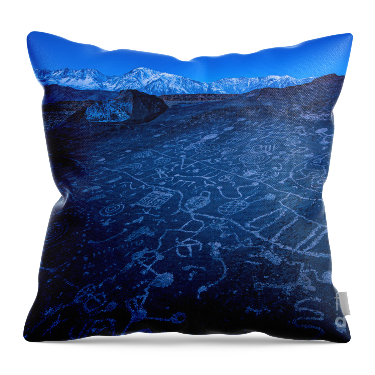 Petroglyph Throw Pillow featuring the photograph Sunrise on Sky Rock Petroglyph and Sierra Nevada Mountains by Gary Whitton
