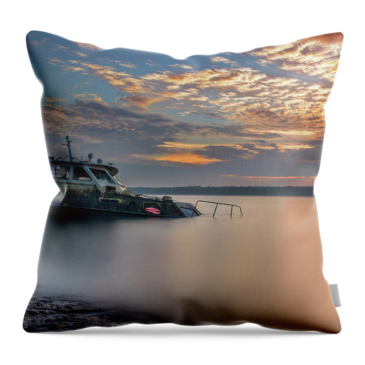 Tranquility Throw Pillow featuring the photograph Sunrise On The Beach With Boat Capsized by Tuah Roslan