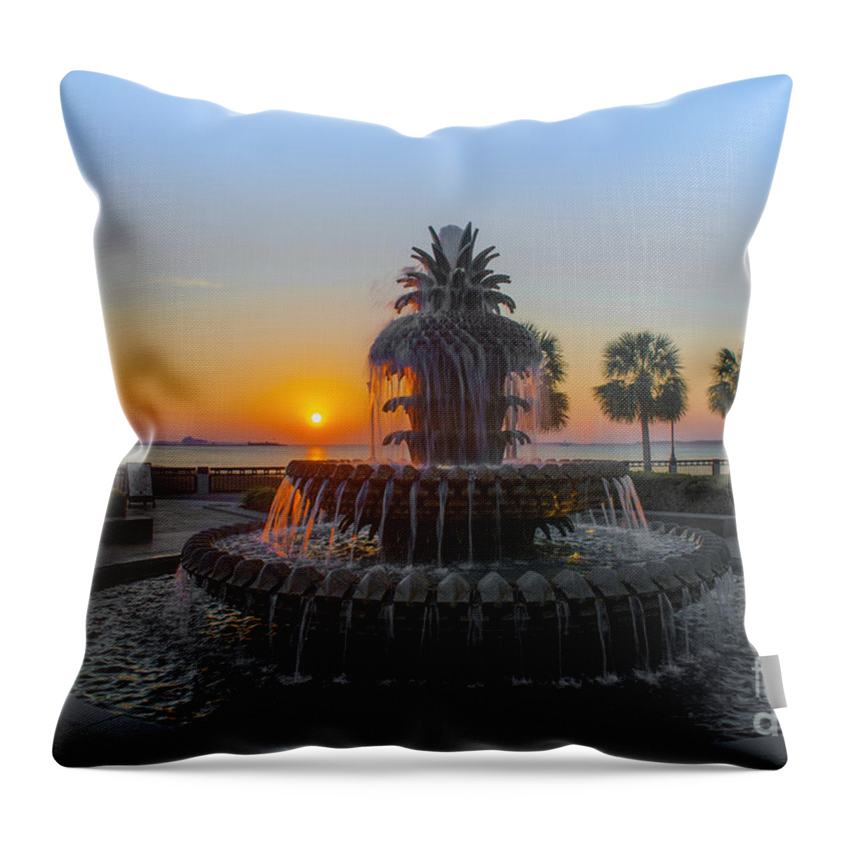 Pineapple Fountain At Waterfront Park In Downtown Charleston Sc Throw Pillow featuring the photograph Sunrise over Charleston by Dale Powell