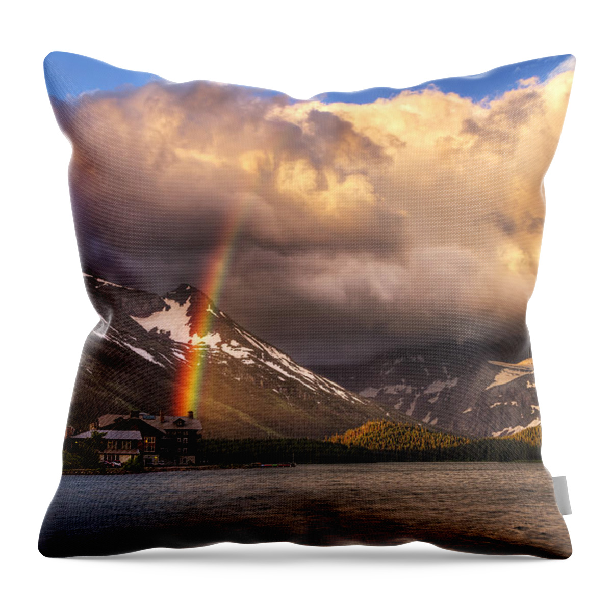 Many Glacier Hotel Throw Pillow featuring the photograph Sunrise Rainbow by Mark Kiver