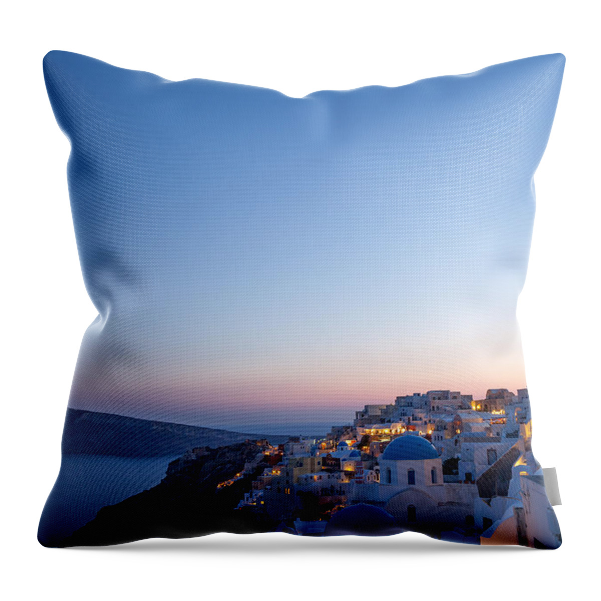 Santorini Throw Pillow featuring the photograph Sunset and moon over Oia - Santorini - Greece by Matteo Colombo