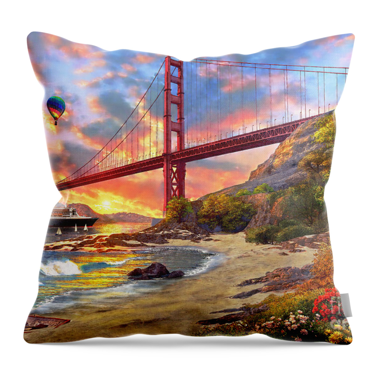 Golden Gate Throw Pillow featuring the digital art Sunset at Golden Gate by MGL Meiklejohn Graphics Licensing