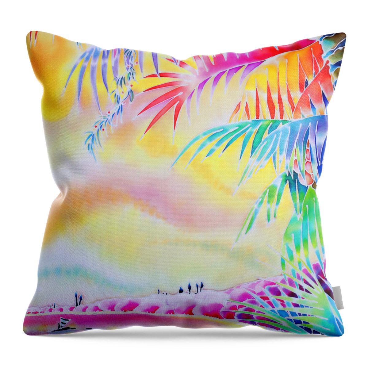 New Caledonia Throw Pillow featuring the painting Sunset at Kuto beach by Hisayo OHTA