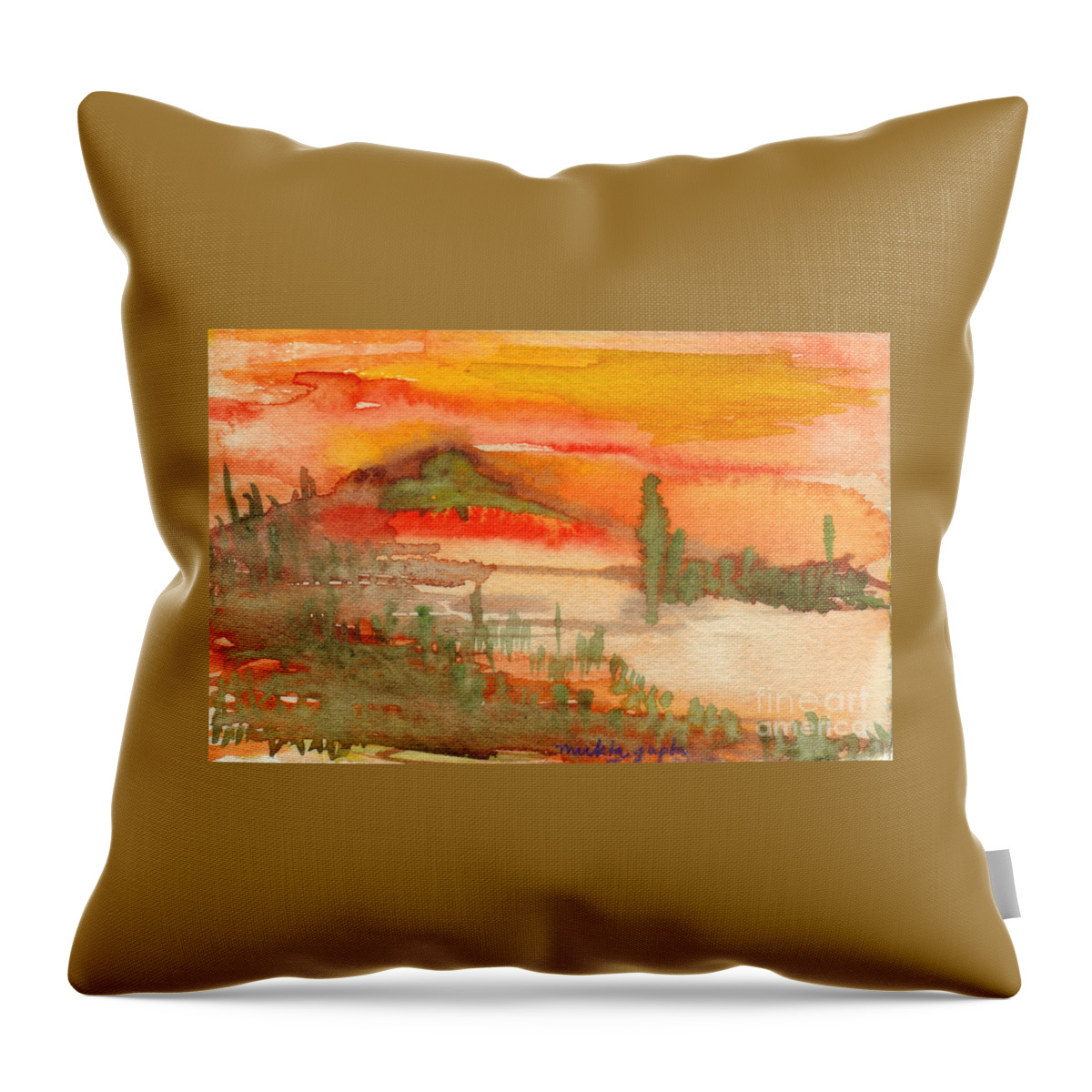 Sunset Throw Pillow featuring the painting Sunset in Saguaro Desert by Mukta Gupta