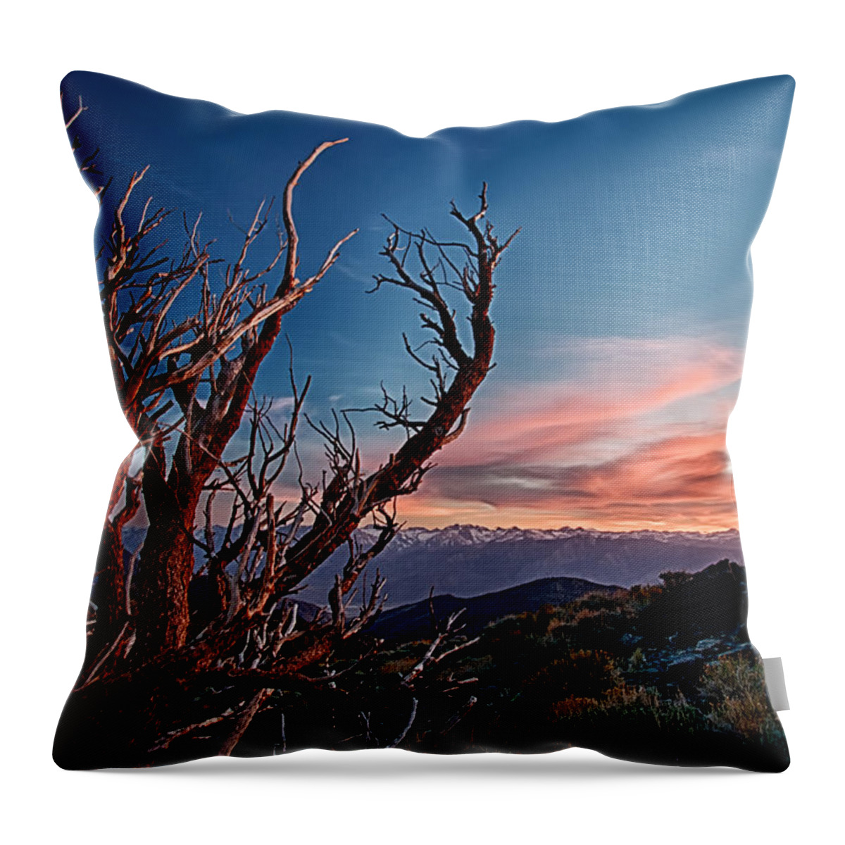 Tree Mountains Sunset Sky Clouds Blue Red Pink Scenic Landscape Nature California eastern Sierra Throw Pillow featuring the photograph Sunset in the Whites by Cat Connor