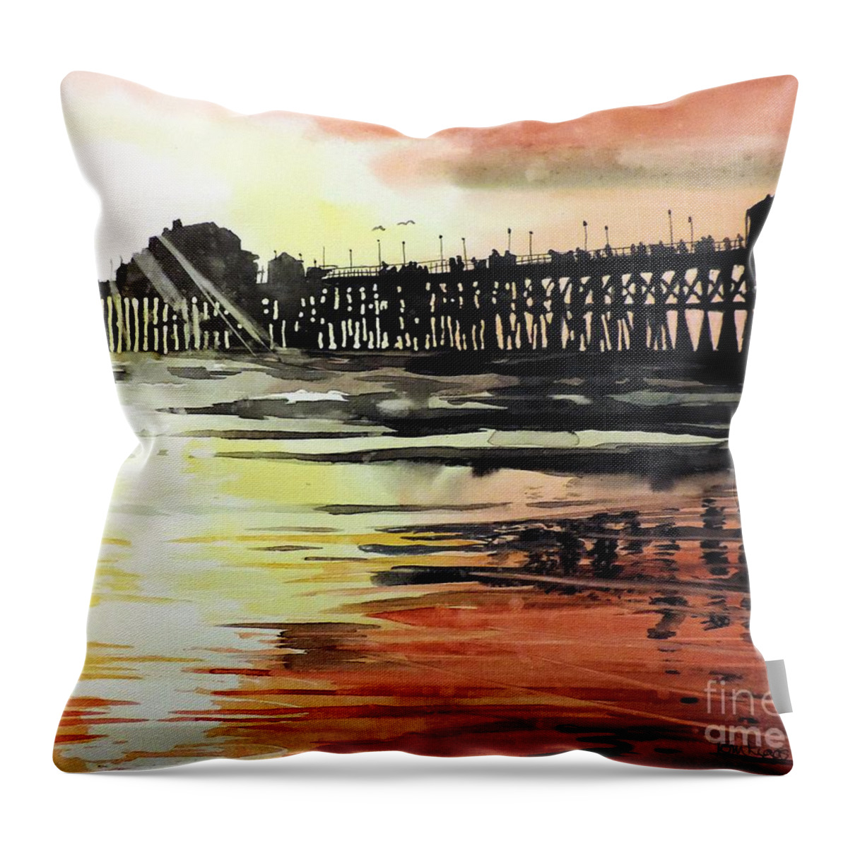 Sunset Throw Pillow featuring the painting Sunset Oceanside Pier by Tom Riggs