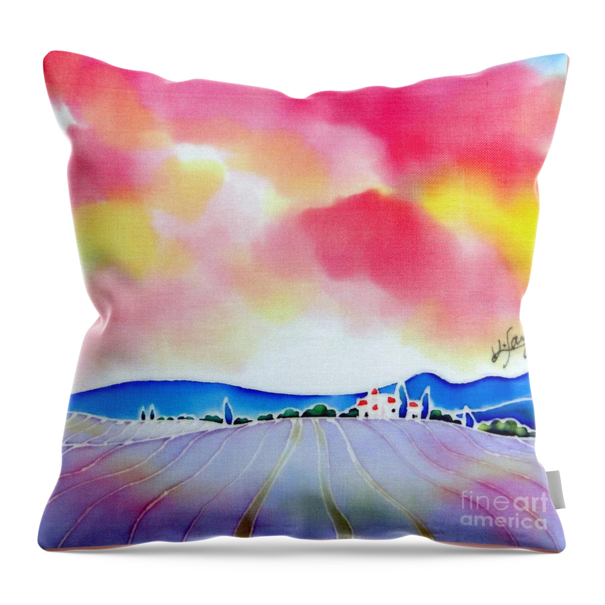 France Throw Pillow featuring the painting Sunset on the lavender farm by Hisayo OHTA