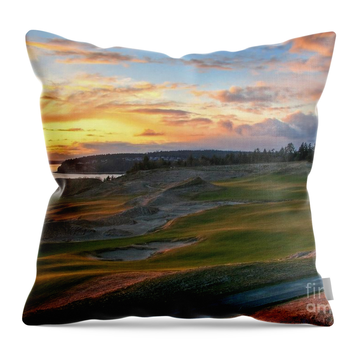 Hdr Throw Pillow featuring the photograph Sunset on the Links - Chambers Bay Golf Course by Chris Anderson