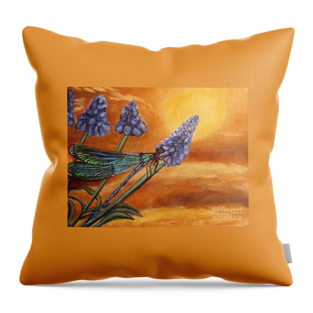 Nature Scene Aquatic Water Scene Ecology With Environmental Message For Conservation For Earth Day Blue Green Dragonfly Blue Prussian Blue Grape Hyacinths Golden Orange Sunset Acrylic Painting Throw Pillow featuring the painting Summer Sunset over a Dragonfly by Kimberlee Baxter