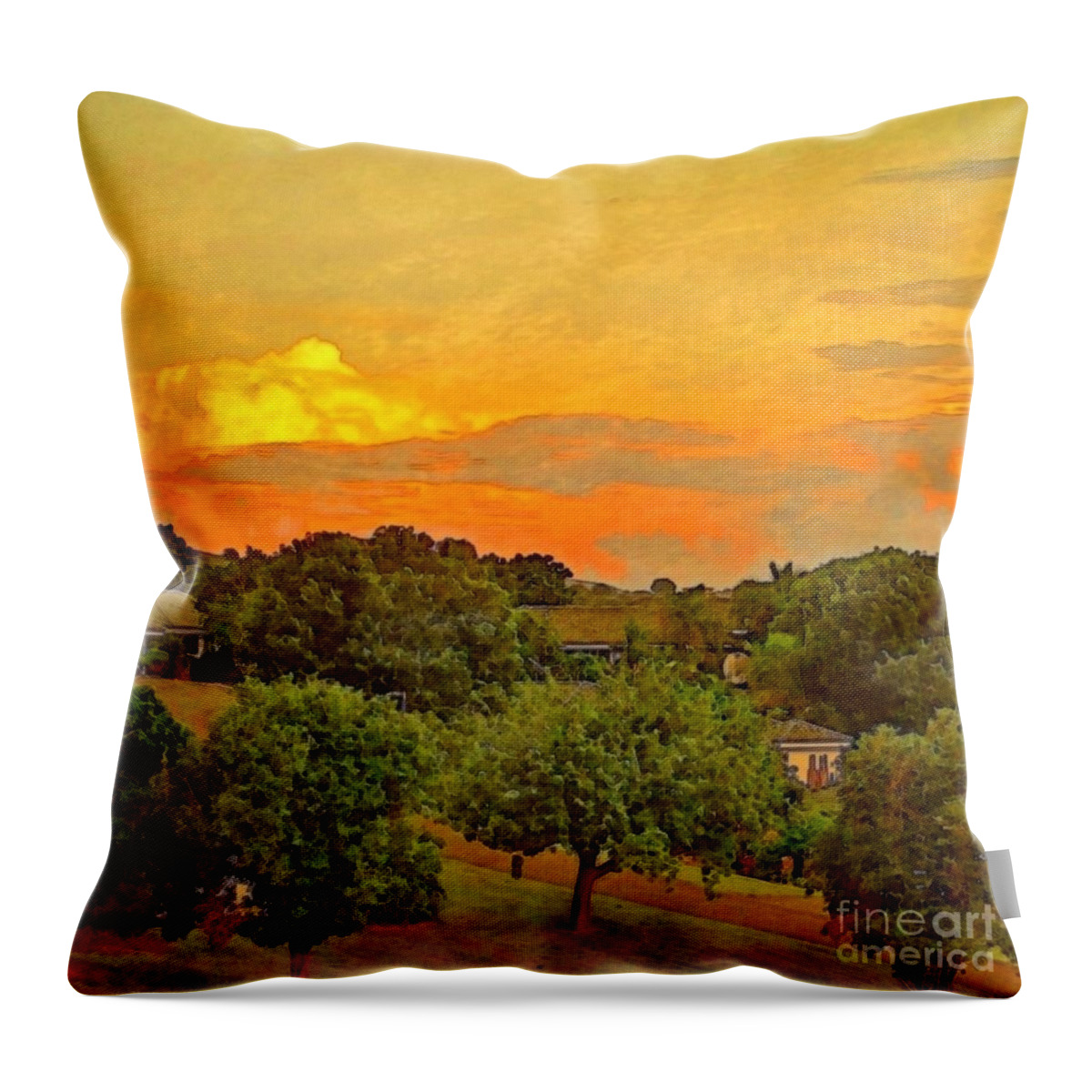Sharkcrossing Throw Pillow featuring the painting S Sunset Over Orchard - Square by Lyn Voytershark