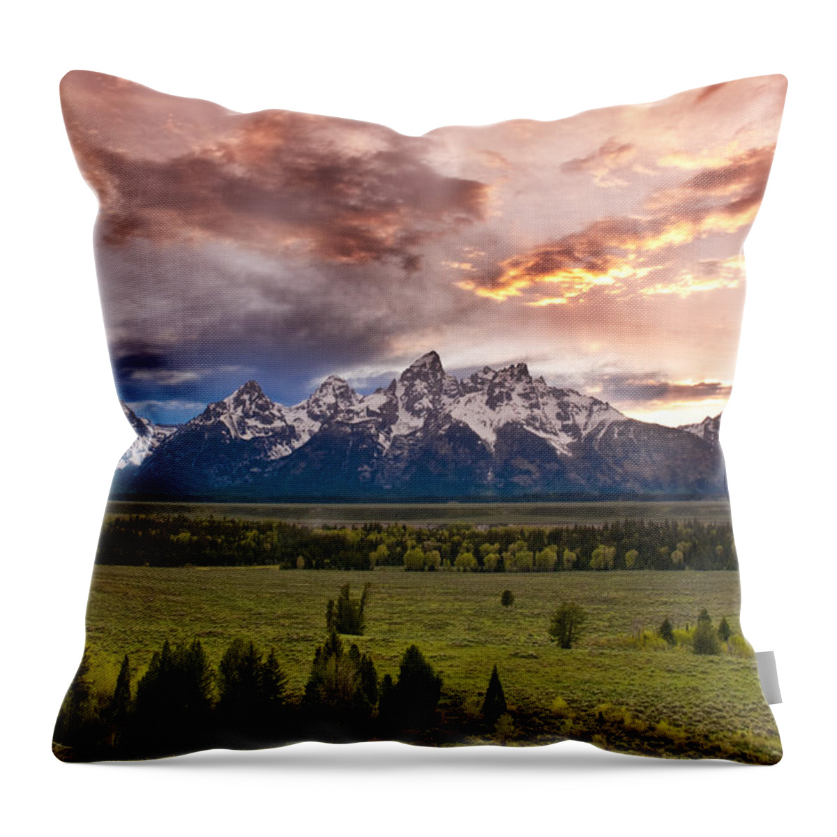 Grand Teton National Park Throw Pillow featuring the photograph Sunset over the Tetons by Greg Wyatt
