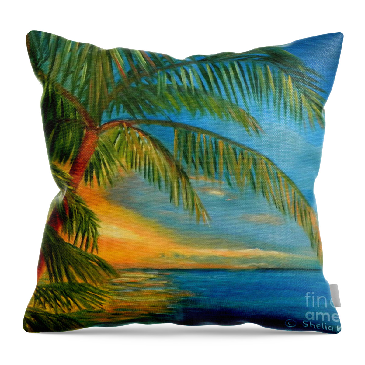 Art Throw Pillow featuring the painting Sunset Reflections - Key West Sunset and Palm Trees by Shelia Kempf
