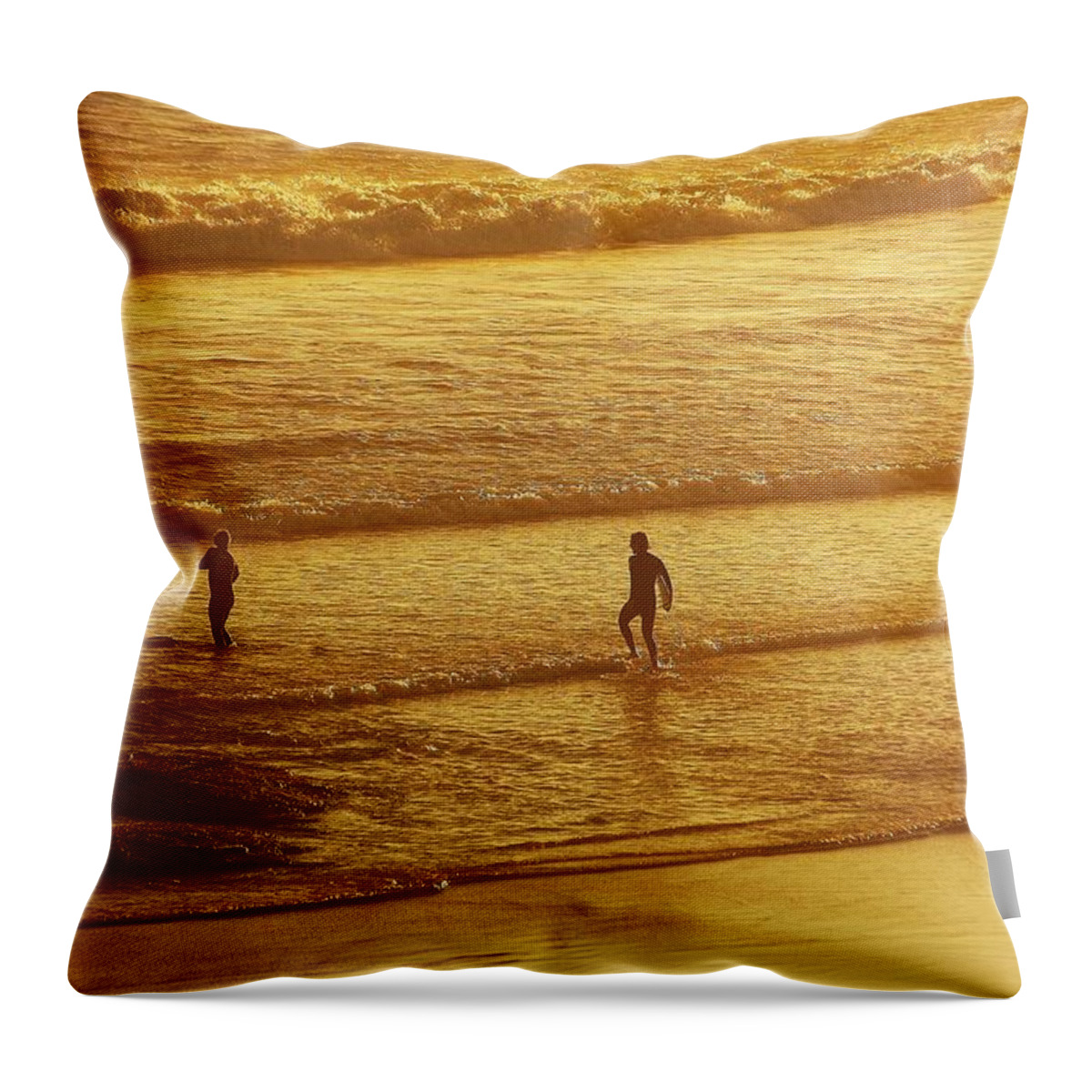 Blair Stuart Throw Pillow featuring the photograph Sunset Surfers by Blair Stuart