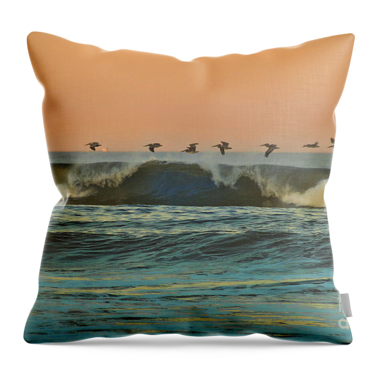 Pelicans Throw Pillow featuring the photograph Sunset Trek by Linda Olsen