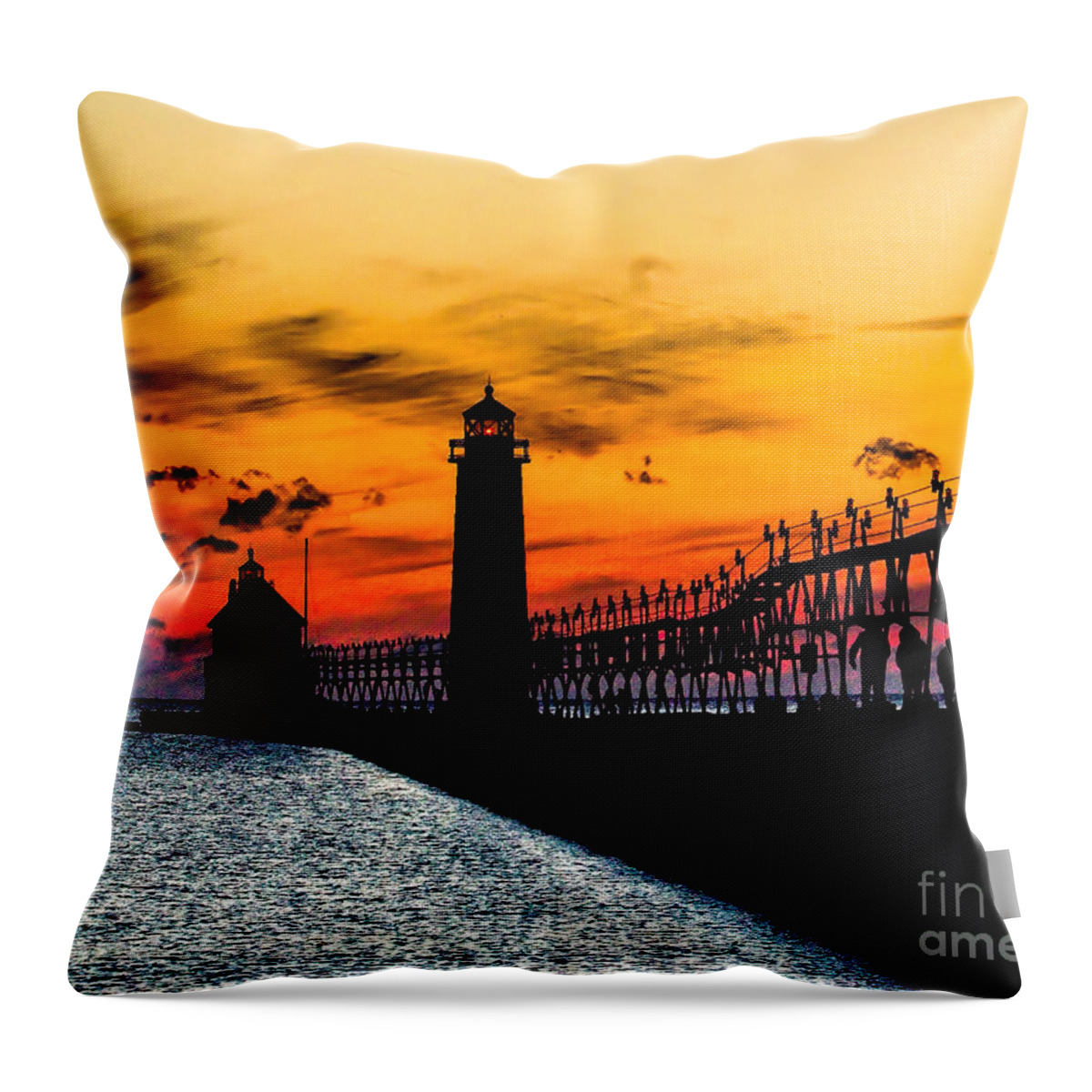 Beach Throw Pillow featuring the photograph Sunset walking on Grand Haven Pier by Nick Zelinsky Jr