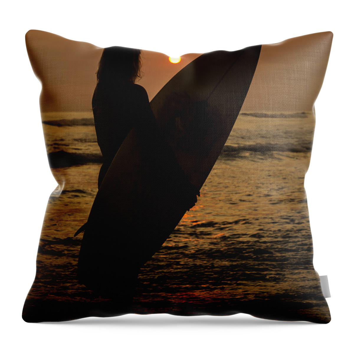 Photography Throw Pillow featuring the photograph Surfer Girl Sunset Silhouette by Lee Kirchhevel