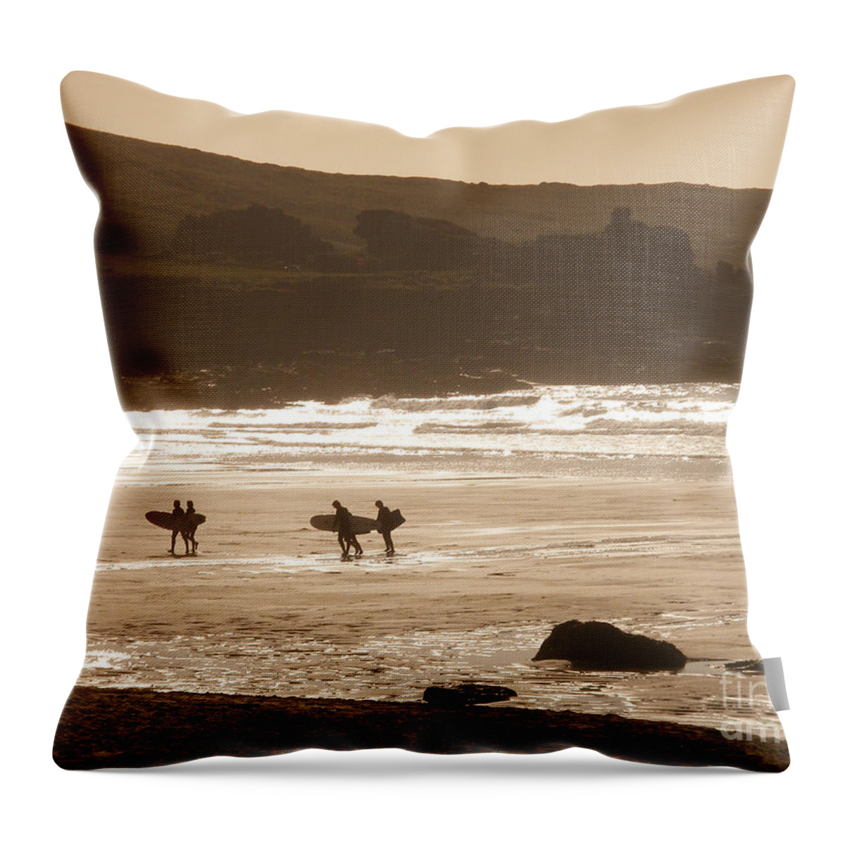 Surf Throw Pillow featuring the photograph Surfers on beach 02 by Pixel Chimp