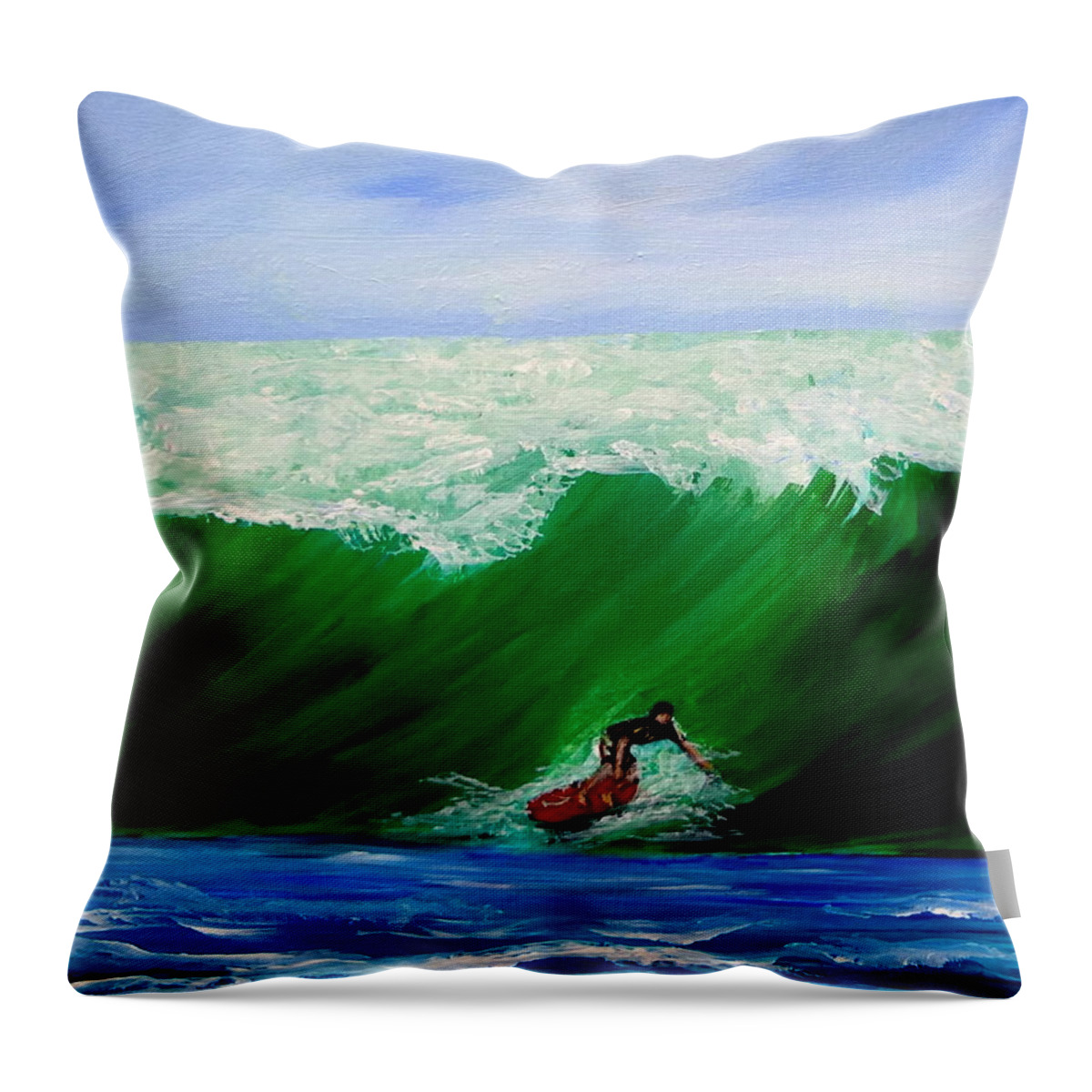 Surfing Throw Pillow featuring the painting Surf's Up Surfing Wave Ocean by Katy Hawk