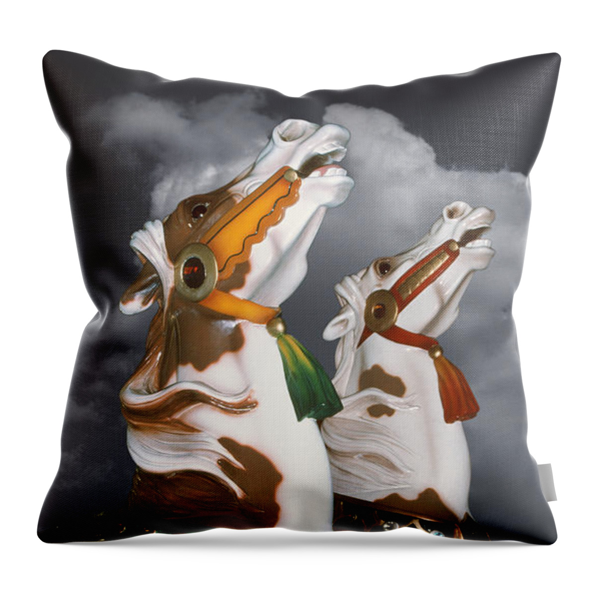 Carousel Throw Pillow featuring the photograph surreal carousel horses - Flying Pintos by Sharon Hudson