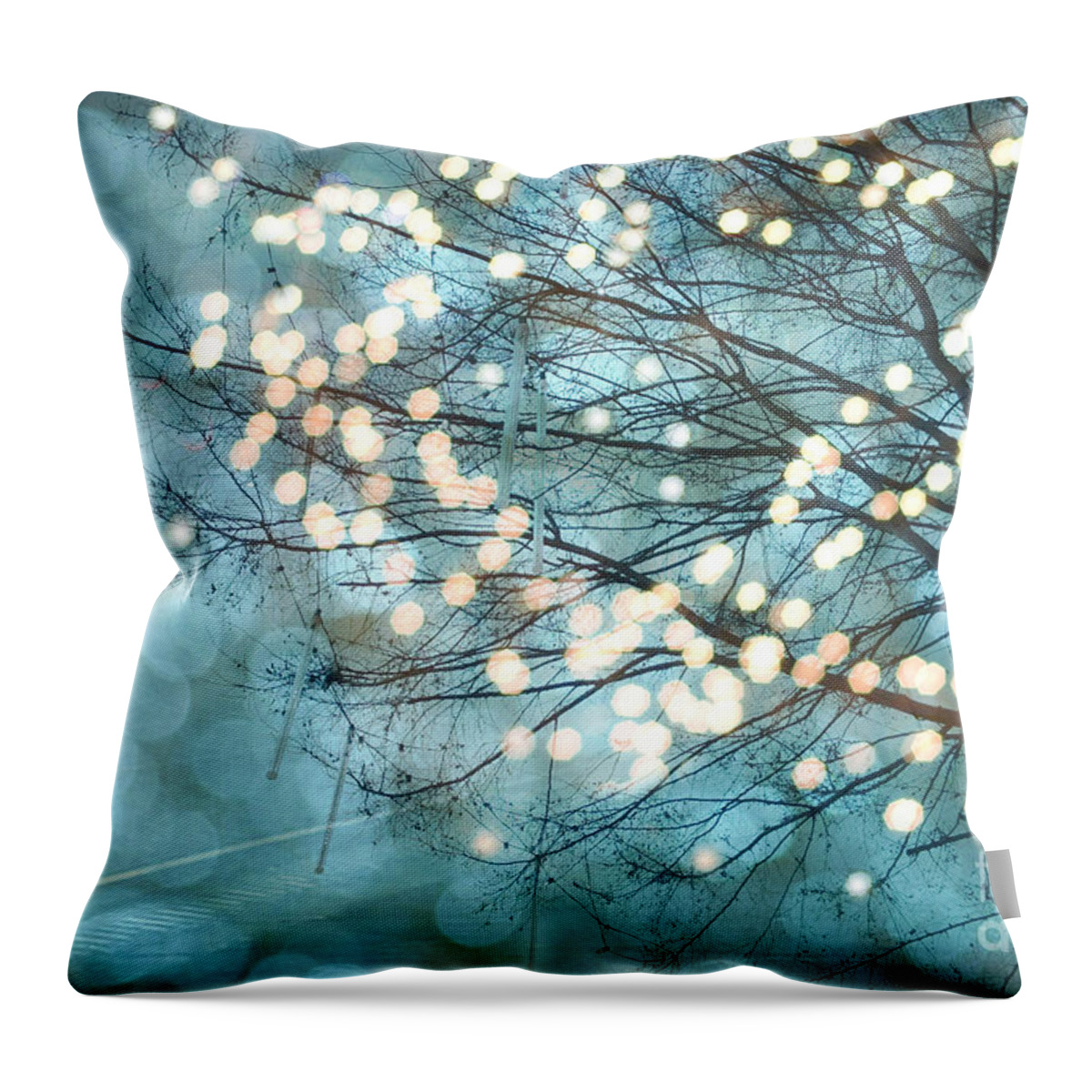 Fairy Lights Throw Pillow featuring the photograph Surreal Dreamy Aqua Teal Fairylights Fantasy Sparkling Aqua Teal Blue Bokeh Nature Trees by Kathy Fornal