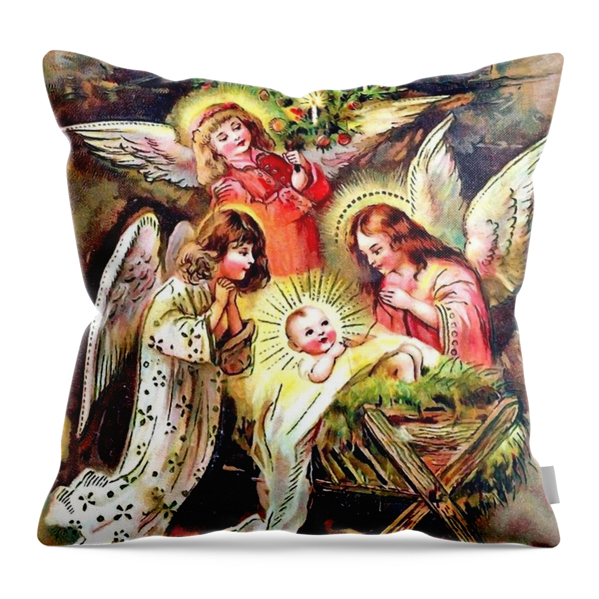 Xmas Throw Pillow featuring the painting Surrounded by Angels by Munir Alawi