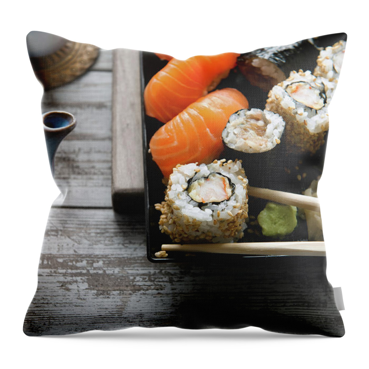 Seaweed Throw Pillow featuring the photograph Sushi And Tea by A.y. Photography