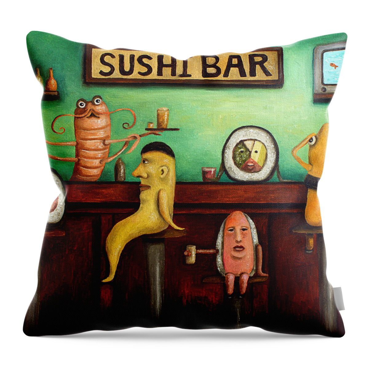 Sushi Throw Pillow featuring the painting Sushi Bar Improved Image by Leah Saulnier The Painting Maniac